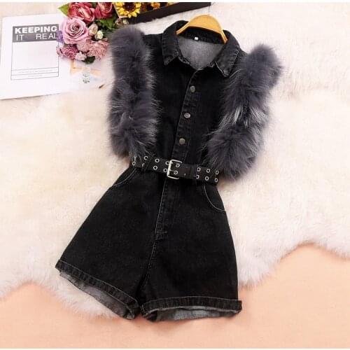 2020 autumn new ladies style slim waist denim jumpsuit single breasted fur patchwork jumpsuit shorts