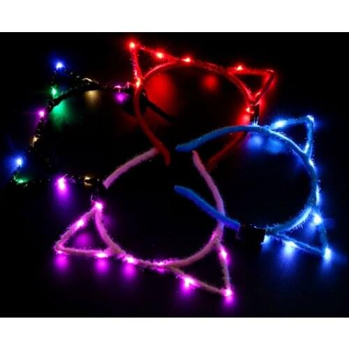 1Pc 1Pc Women Girls LED Flashing Cute Pointed Cat Ears Hair Hoop Glowing String Lights Plush Cloth Wrapped Headband Party Random