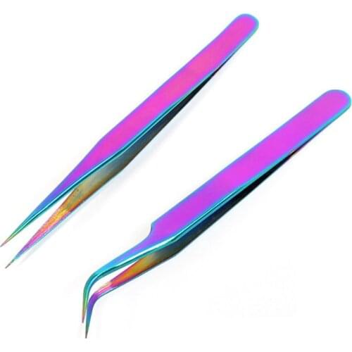 Stainless Steel Straight Curved Eye Lashes Tweezers Rainbow Colored False Fake Eyelash Extension Nippers Pointed Clip Profession