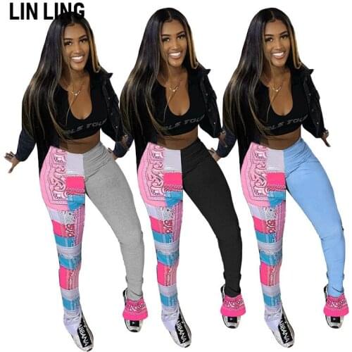 LINLING Popular Printed Pleated Split Bottom Color Matching Micro Trumpet Casual Workout Pants Women