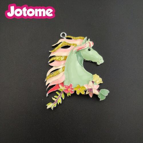 Silver plated custom 55mm white and green enamel horse or unicorn animal necklace pendant for DIY beads charm