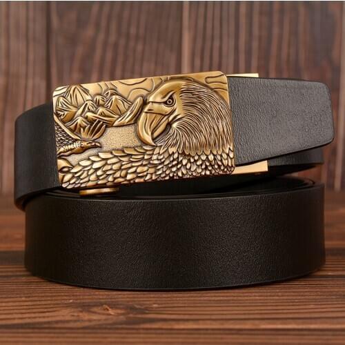 Drop Shipping Genuine Leather men Ratchet belts Gold Eagle Automatic Buckle Fashion Luxury Causal Cowskin Dress belts for men