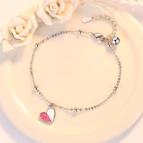 DAIWUJAN Romantic Pink and White Stitching Love Heart Shaped Fashion Womens Bracelets Single Beads Chain 925 SIlver Jewelry