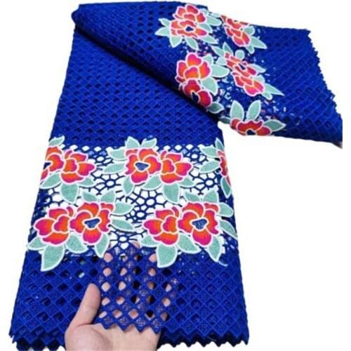 Blue Latest French African Guipure Lace Fabric Soft Nigeria Water Soluble Cord Lace Fabric With Stones For Wedding Dress Party