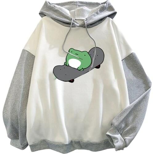 Oversized Hoodie Kawaii Cute Skateboard Print Sweatshirts Stitching Long-sleeved Plus Velvet Hoodies For Women Hoodie Sweater