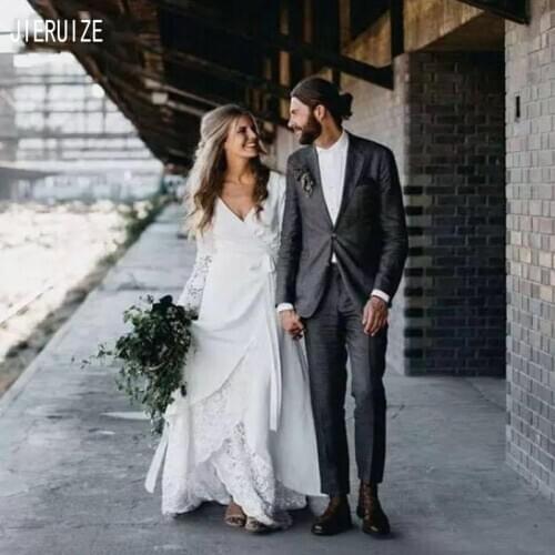 JIERUIZE Vintage Wedding Dresses Deeep V Neck Long Sleeves Zipper Back Lace Bridal Dresses A Line Wedding Gowns vestido de noiva