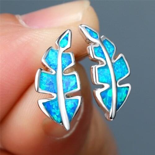 Dainty Leaf Small Stone Earrings Minimalist Female White Blue Opal Earrings Vintage Silver Color Stud Earrings For Women Wedding