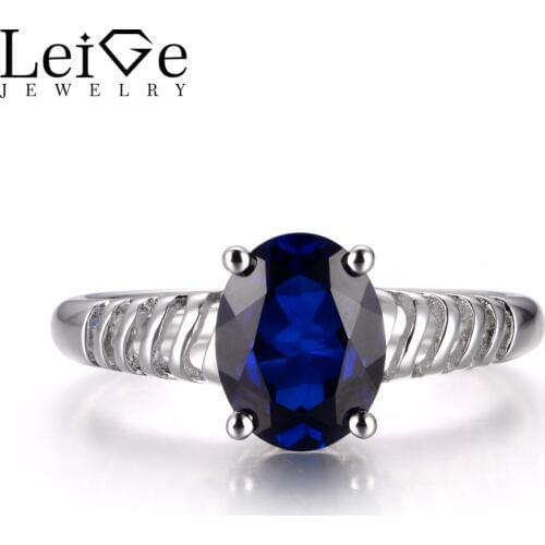 Leige Jewelry Lab Blue Sapphire Fine Gemstone Engagement Rings For Woman September Birthstone Oval Cut Prong Setting 925 Silver