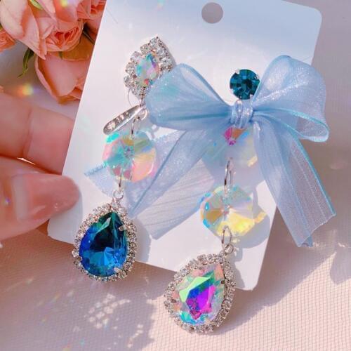 MENGJIQIAO Korean Sweet Asymmetric Yarn Bowknot Elegant Crystal Drop Earrings For Women Fashion Holiday Party Jewelry Gifts