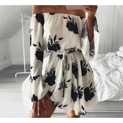 Boho floral print off shoulder sexy dress Women flare sleeve backless high waist short dress Autumn party club dress vestidos