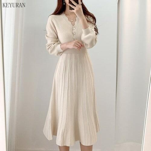 Korean Knitted Women Long Dress 2021 Spring Full Sleeve V-neck A-line Dresses Elegant Fashion Ladies Vestidos Femme