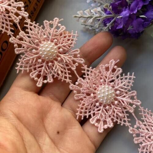 10x Pink Snowflake Pearl Handmade Beaded Flower Embroidered Lace Trim Ribbon Double Layered Applique Dress DIY Sewing Craft 5cm