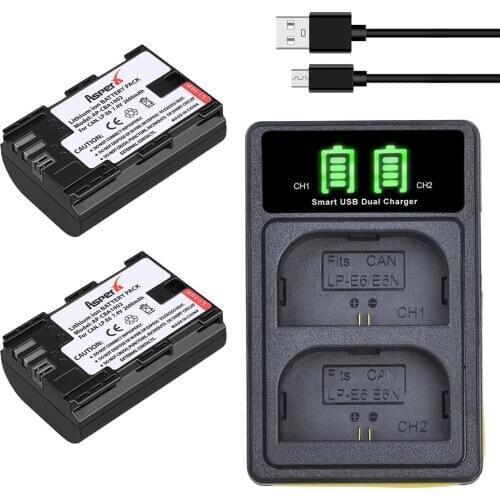 2Pcs LP-E6 LP-E6N LP E6 Batteries + LED USB Dual Charger For Canon EOS 6D 7D 5D Mark II III IV 5D 60D 60Da 70D 80D 5DS 5DSR