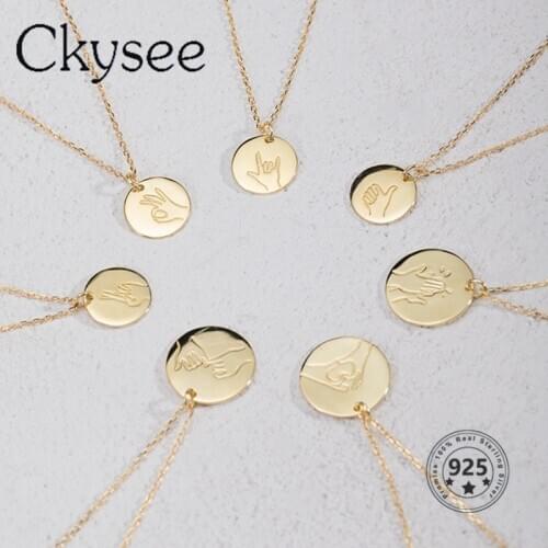 Ckysee Valentines Day 925 Silver Hand Gestures I Love You Engraving Coin Choker Pendant Necklace Friend Gifts BFF Jewelry
