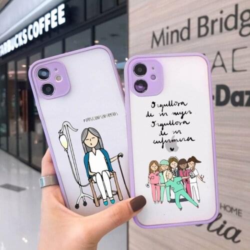 Doctor nurse medicine cartoon Phone Case For iPhone 12 11 Mini Pro XR XS Max 7 8 Plus X Matte transparent Purple Back Cover