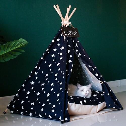 Cat Teepee Bed Dog House Canvas Pet Tent Indoor Outdoor Portable Puppy Houses Kennel with Cushion for Small Puppy Cats Kittens