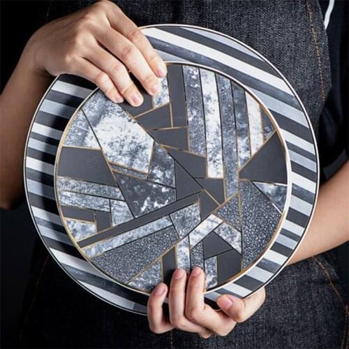 European Creative Ceramic Dinner Plate Black Gray Gold Stitching Matte Texture Marble Breakfast Dish Dessert Plate Tableware
