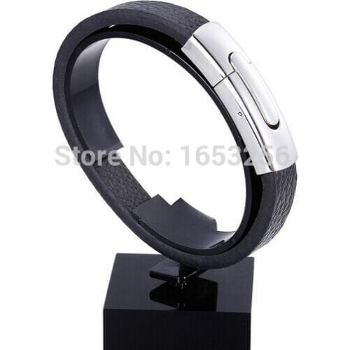 Classic Clasp design Black Genuine Leather Stainless Steel Jewelry Bangle Bracelet For Women Mens Fashion Gifts 8.26