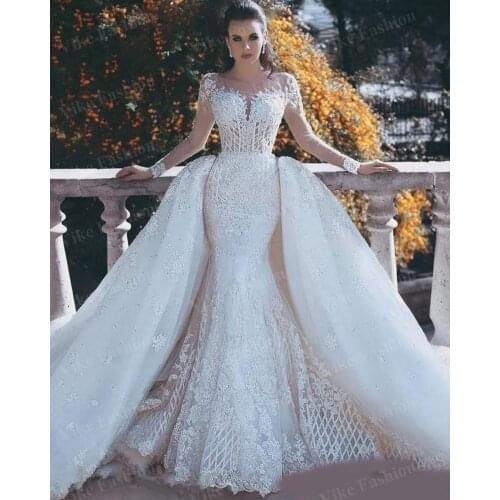 Lace Mermaid Wedding Dresses Illusion Neck Long Sleeve Detachable Train Appliques Beaded Plus Size Bridal Gowns Arabric