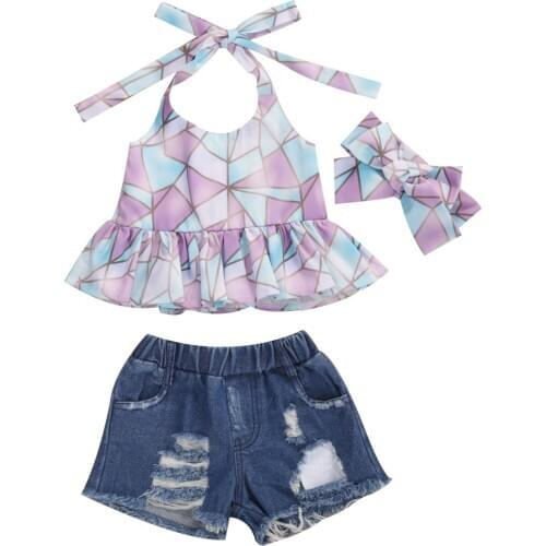 Girl’s Summer Three Piece Set Personality Geometric Pattern Bandage Top Ripped Denim Short Pants and Headband