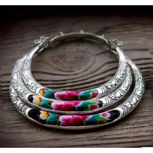 Hot sell new - free shipping Chinese Handmade Miao Silver collar 1-3row Tibet Silver Embroidery Short Multilayer necklace