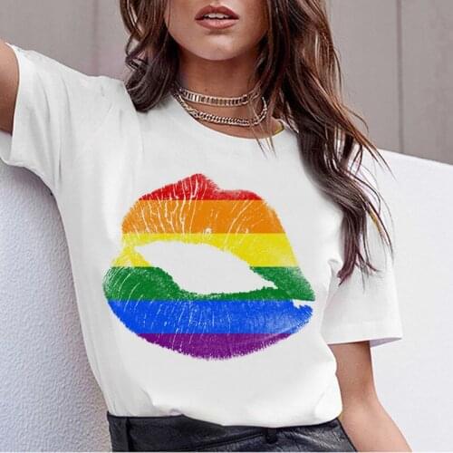 Fashion rainbow T Shirt Women Cartoon Print White T-shirt Harajuku lips TShirt Short Sleeve Tops Tee Shirt New Summer T Shirt