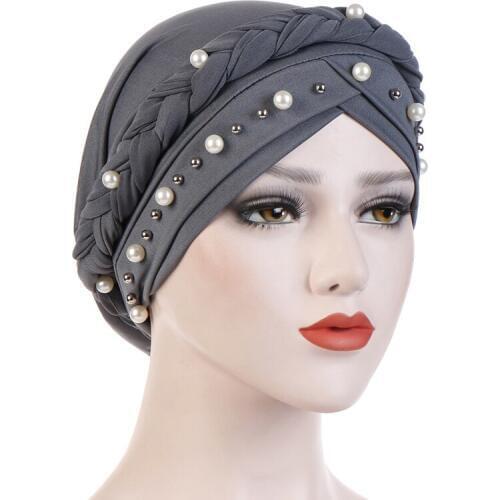 Pearl Decorated Muslim Turban Scarf Women Cap Solid Color Underscarf Hijab Cap Female Inner Islamic Turbantes