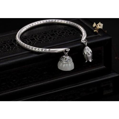 New inlaid natural Hetian Chalcedony lotus Bracelet Chinese style retro palace style classical women adjustable brand jewelry