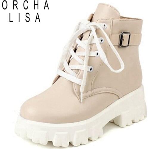 ORCHALISA New Women Fashion Ankle Boots Shoes Round Toe Thick Bottom Platform Buckle Winter Warm Lace Up Ladies Big 43 S2454