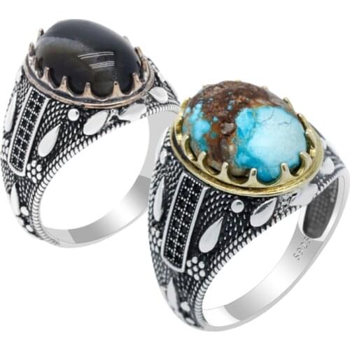 Natural Turquoise/Agate Stone 925 Silver Rings For Men Vintage Rock Handmade Turkey Jewelry Exquisite Mens Ring Chrismas Gift