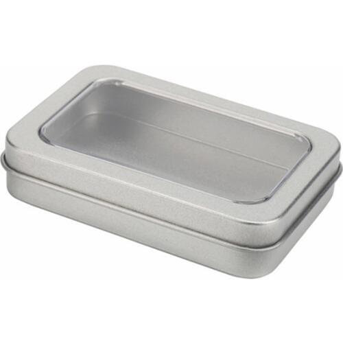 Clear Window Lid Tin Storage Box Rectangle Metal Storage Box Sliver Tin Organizer Container Tin Case For Money Drawer Tidy