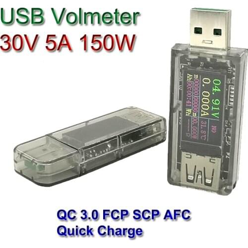 QC 3.0 FCP AFC SCP DC Digital 30v 5A USB Tester Voltage Current Power Capacity Meter Detector Voltmeter LCD Display Quick Charge