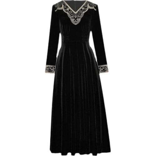 Velvet Designer Fashion 2021 Spring New V-Neck Flower Embroidery Lace Patchwork Long Elegant Black Dress