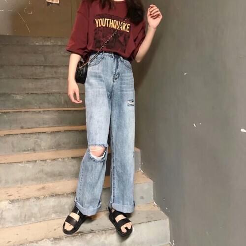Spring autumn Korean bf high waist ripped straight leg pants wide leg pants female students increase fat loose denim trousers