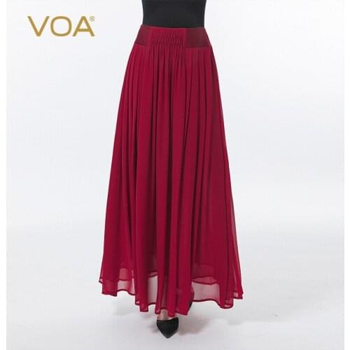 VOA Silk Georgette Wine Red Natural Waist Splicing Invisible Side Pull Double Skirt Elegant Refreshing Skirt Summer 2021 CE99