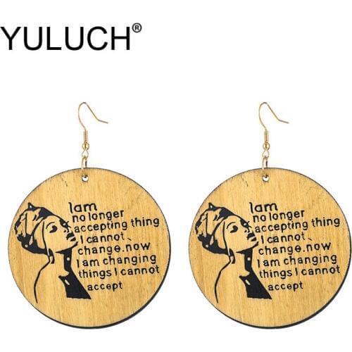 YULUCH 2019 Personality Women Round Yellow Natural Wood Printed Printing Strong Black Queen Girls Dangle Earrings For Lady Party