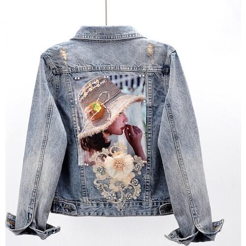 Women 2020 spring Autum diamonds beading 3D flowers Denim Jackets Washed Jeans Coat Turn-down Collar Outwear Slim Jacket JC261