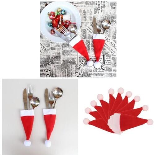 10 Pcs/Set Christmas Hat Cutlery Bag Candy Gift Bags Cute Pocket Fork Cutter Holder Table Dinner Decoration SP99