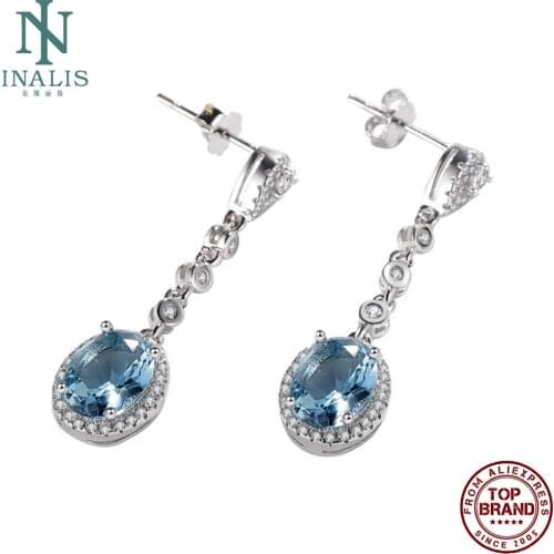 INALIS Elegant Drop Earrings For Women Blue Oblate Cubic Zirconia Pendant Earring Romantic Design Prom Fashion Jewelry Recommend