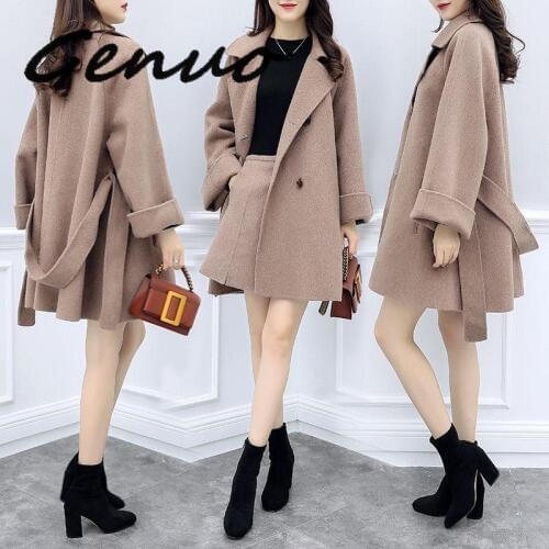Genuo Spring Women Coat Women Jacket And Skirts Women Fashion Clothing Tops And Skirts Korean Style Clothing Woolen Sets Waist