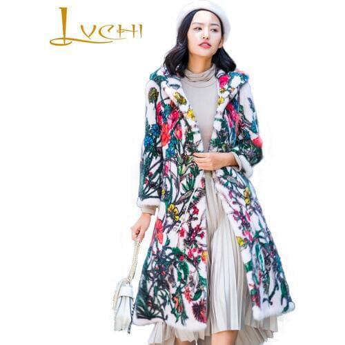 LVCHI Winter 2019 With Fur Hood Real Mink Fur Coat Womens Long Sleeve Print Flower Hat Coat Long Colorful Slim Thick Mink Coats