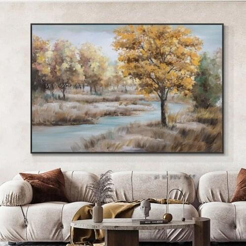 100% Handmade Abstract Trees With Yellow Leaves Oil Painting On Canvas Plant Wall Art Painting Picture
