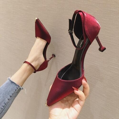2021 trend high heels silk and satin all kinds of thin heels metal pointed single shoes, shallow mouth womens shoes Increase