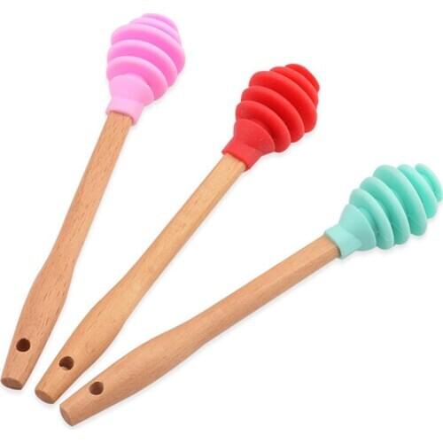 3PCS Honey Dipper Food Grade Silicone Honey Spoon Honey Stick with Wood Handle