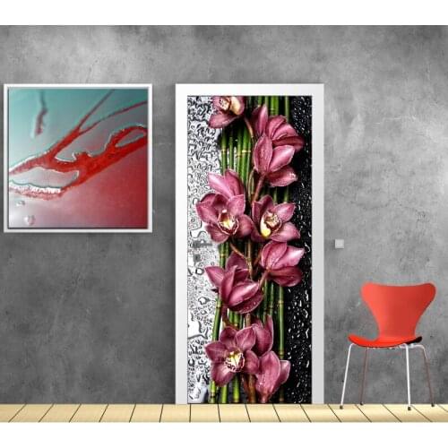 3D Door Sticker Orchid bunch Mural Wall Sticker DIY Door Cover Kitchen Home Decoration Accessories Modern 3d Wall Stickers