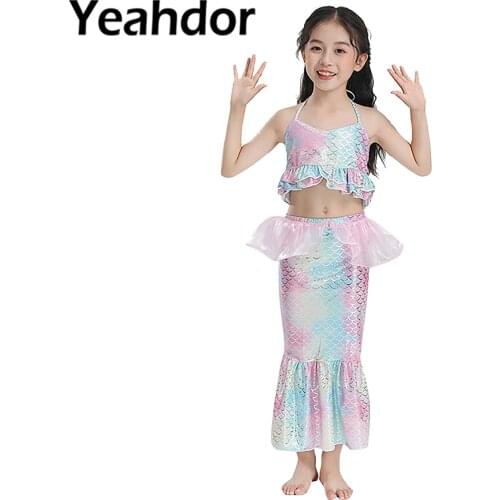 4Pcs Kids Girls Mermaid Print Swimwear Swimming Bathing Suit Halter Neck Sleeveless Cropped Tops with Skirt Briefs and Cap Set