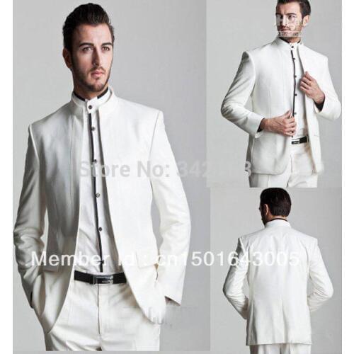 Free shipping/New Style White Groom Tuxedos Mandarin Lapel Groomsmen Men Wedding groom wear Suit/custom suit/best man suits
