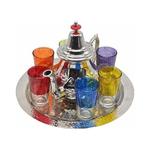 Juego de té Modelo marroquí, Compuesto de 6 Vasos de Colores, Bandeja de Alpaca de 30 cm diámetro Aproximadamente y una Tetera