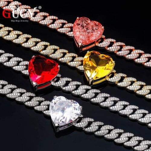 GUCY Heart Pendant With Miami Cuban Choker 9mm Adjustable CZ Necklace Bling Bling Luxury Chain Rapper Fashion Jewelry