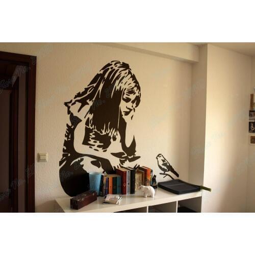 Little Girl Bird Think Long Hair Banksy Style Study Bedroom Living Room Decor Home Decal Removable Vinyl Art Wall Sticker B152